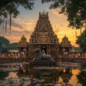 A majestic ancient stone temple dedicated to Lord Shiva, with intricate Dravidian architecture and towering gopurams adorned with detailed sculptures, set against a mystical twilight sky. The temple's reflection shimmers in a serene sacred pond filled with pink lotus flowers. Lord Shiva's divine bull Nandi sits prominently in the foreground, crafted in polished black stone. Soft golden light emanates from traditional brass lamps, creating a warm glow across the temple's weathered stones. Around the temple, sacred banyan trees with hanging roots frame the scene, their leaves catching the last rays of sunlight. Ethereal wisps of incense smoke curl through the air, creating a dreamy atmosphere. The scene combines Madhubani-style decorative patterns in the sky with photorealistic temple architecture. The color palette features deep maroons, golden yellows, and peaceful blues, with hints of spiritual white light emerging from the temple sanctum. Small groups of devotees in traditional Kerala attire are seen performing pradakshina around the temple, adding life to the scene.