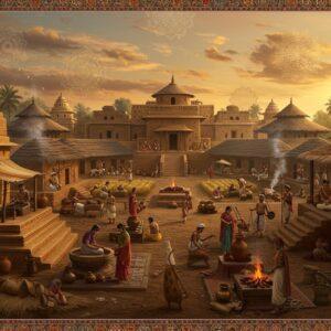 A richly detailed panoramic scene of an ancient Indian Janapada settlement at sunset, featuring intricately designed mud-brick buildings with thatched roofs arranged in a circular pattern. In the foreground, skilled artisans work with bronze tools and pottery wheels, while merchants trade goods in a vibrant marketplace adorned with cotton and silk fabrics. The scene includes nobles wearing fine muslin clothing and gold jewelry seated on elevated platforms, while farmers tend to fields of rice and barley in the background. The color palette combines deep earthy browns, rich golds, and warm oranges. The artistic style merges traditional Madhubani patterns in the border details with modern digital art techniques. Sacred fire altars with rising smoke create a mystical atmosphere, while warriors with spears and shields stand guard at wooden gates. Intricate mandala patterns float in the sky like constellations, casting a subtle golden glow over the scene. The composition should be photographically realistic with subtle fantasy elements, featuring authentic period-specific architecture and clothing designs. The overall mood is both historical and magical, with soft light filtering through scattered clouds.