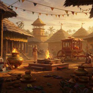 A majestic ancient Vedic settlement at golden hour, featuring intricately detailed wooden and bamboo structures with thatched roofs arranged in a perfect geometric pattern. In the foreground, skilled artisans craft elaborate gold and bronze vessels with precise geometric patterns. The scene includes a grand fire altar (yajna kunda) with sacred flames reaching skyward, emitting ethereal golden sparks. Richly decorated chariots with spoke wheels stand nearby, adorned with bells and metalwork. Indian sages in white dhoti wearing sacred threads perform rituals while musicians play ancient instruments like veena and dundubhi drums. The background shows astronomical instruments and sundials. The color palette features deep earthen tones, burnished gold, and warm oranges. Madhubani-style patterns interweave throughout the scene. The lighting is dramatic with sun rays filtering through morning mist, creating a mystical atmosphere. Lotus motifs and sacred symbols are subtly incorporated into the architecture. The art style combines hyperrealistic details with traditional Indian art aesthetics, rendered in a modern digital painting style with atmospheric depth and rich textures.