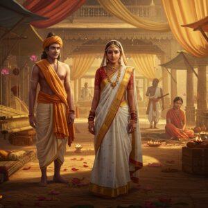 A serene ancient Indian marketplace scene with ethereal lighting, featuring noble men and women from the Vedic period wearing historically accurate clothing. The central figure is a regal Indian woman draped in an unstitched white cotton uttariya with golden border, complemented by an antariya wrapped around her waist. She adorns traditional gold jewelry including maang tikka, nose ring, and multilayered necklaces. To her left, a scholarly man wears a dhoti and uttariya made of fine muslin with sacred thread across his chest. Rich details of Vedic textile patterns and motifs in earth tones of ochre, saffron, and natural ivory. The background shows intricate Madhubani-style artisans weaving on traditional looms, with floating lotus flowers and geometric mandala patterns. Soft, glowing golden light filters through gossamer fabric drapes hanging from traditional wooden architecture. The scene combines historical accuracy with spiritual symbolism, featuring subtle Sanskrit patterns and textile motifs in the background. Hyperrealistic digital art style with atmospheric lighting and detailed fabric textures.
