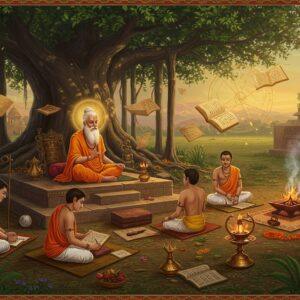 A mystical ancient Indian classroom scene under a sprawling banyan tree, where a wise Vedic guru with flowing white beard sits cross-legged on an elevated stone platform, wearing saffron dhoti and angavastram. Around him, disciples in white dhotis sit attentively on grass mats, some writing on palm leaves, others studying astronomical charts. The background features intricate Madhubani-style borders with sacred symbols - the sun, moon, stars, and vedic fire altars. A mesmerizing golden light filters through the tree canopy, creating divine patterns on the ground. To the right, a traditional fire ceremony (yajna) is in progress with sacred flames rising in geometric patterns. Ancient Sanskrit manuscripts float ethereally in the air, their pages illuminated with a soft golden glow. The scene is adorned with copper and brass ritual items, vedic mathematical instruments, and astronomical tools. The color palette combines deep maroons, burnt orange, gold, and peaceful sage green. The art style seamlessly blends traditional Pattachitra techniques with modern digital art aesthetics, creating a surreal yet authentic atmosphere, complete with subtle particle effects and light rays. In the far background, glimpses of ancient Indian architecture with precise astronomical alignments can be seen.