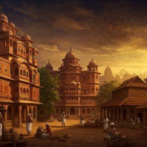A grand panoramic scene showcasing multiple traditional Indian architectural styles seamlessly blending together - a majestic Rajasthani haveli with intricate jharokhas and red sandstone walls transitions into a Kerala nalukettu with sloping terracotta-tiled roofs and wooden pillars, then flows into a Bengali terracotta temple with curved cornices and detailed clay sculptures. In the foreground, skilled artisans in traditional Indian attire (dhoti, kurta) work with indigenous materials like mud, bamboo, and stone. The scene is illuminated by warm golden sunlight casting dramatic shadows. Ethereal mandalas float in the sky, their patterns reflecting the architectural motifs below. Rich, deep colors dominate - burnt sienna, peacock blue, deep maroon, and gold. The style combines hyperrealistic architectural details with surreal elements, featuring intricate Madhubani-inspired patterns in the background. Floating lotus flowers and spiritual symbols create a mystical atmosphere. The perspective draws viewers into the scene, with detailed foreground elements leading to the grand architectural vista.