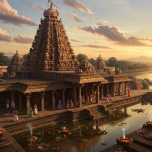 A majestic aerial view of the Virupaksha Temple complex during golden hour, with its iconic 160-foot tall gopuram casting long shadows. The temple's pyramidal structure rises dramatically against a surreal sky with soft pastel clouds and subtle golden rays filtering through. In the foreground, a group of devotees in traditional Indian attire (men in white dhotis, women in colorful silk sarees) walk through the ornate stone pillared halls. The temple's reflection shimimmers in a stylized water body, adorned with floating lotus flowers. The scene features intricate Dravidian architecture details with carved elephants, deities, and geometric patterns highlighted in warm, golden light. Mystical elements include floating diyas, delicate flower petals, and swirling incense smoke creating an ethereal atmosphere. The artwork combines hyperrealistic architectural details with Pattachitra-style decorative elements, featuring a rich color palette of deep maroons, burnt orange, gold, and peacock blue. The Tungabhadra river flows in the background with ancient stone structures and boulder formations creating depth. The scene captures both the grandeur of the temple and the spiritual essence of the pilgrimage experience.