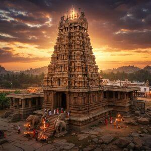 A majestic aerial view of Virupaksha Temple's main gopuram rising 160 feet tall against a dramatic sunset sky with deep oranges and purples, surrounded by Hampi's iconic boulder-strewn landscape. The temple's reflection captures perfectly in the tranquil Tungabhadra River flowing beside it. Intricate Dravidian architectural details rendered in warm sandstone colors, with elaborate carvings of Hindu deities and mythological scenes adorning the tower levels. In the foreground, stone-carved elephants stand guard at the entrance, while sacred oil lamps cast a golden glow. Small groups of devotees in traditional Indian attire perform evening rituals. Ethereal rays of light pierce through clouds, illuminating the temple's shikhara. The scene incorporates both photorealistic textures of ancient stone and mystical elements like subtle mandalas floating in the sky. Markets and medieval ruins visible in the distance, with banana plantations adding touches of green to the rocky terrain. Art style merges hyperrealistic architectural photography with ethereal digital art elements, emphasizing the temple's grandeur and spiritual significance.