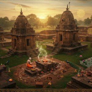 A majestic aerial view of Koldihwa's ancient landscape during golden hour, featuring weathered stone temples with intricate Madhubani-style carvings emerging from lush greenery. In the foreground, an elderly Indian priest in traditional dhoti and angavastram performs a sacred ritual near a stone altar, with smoke from copper incense holders creating mystical swirls. Ancient pottery shards and Neolithic tools are artistically scattered in the soil, illuminated by soft, ethereal light. The background shows archaeological excavation sites with exposed layers of civilization, decorated with traditional Pattachitra-style border patterns. The scene is enhanced by glowing mandalas floating in the air, casting a supernatural light on the ruins. Delicate lotus flowers bloom from small water bodies around the temples, while peacocks roam the grounds. The color palette combines earthy terracotta and deep browns with spiritual gold accents and peaceful sky blues. The entire scene is rendered in a harmonious blend of photorealistic detail and ethereal Indian artistic elements, creating a surreal yet historically authentic atmosphere.