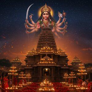 A majestic night scene of the Ujjaini Mahakali Temple illuminated by hundreds of golden oil lamps, with the main temple spire reaching towards a deep indigo sky filled with twinkling stars. The fierce form of Goddess Mahakali appears as a divine, ethereal silhouette above the temple, with eight arms holding traditional weapons - sword, trident, damaru, bowl of blood, severed head, noose, shield, and lotus. She wears a garland of skulls and her hair flows wildly. The temple architecture features intricate South Indian Dravidian style with detailed stone carvings highlighted in gold. The foreground shows devotees in traditional Indian attire offering red hibiscus flowers and performing aarti with brass lamps. Mystical smoke from incense creates swirling patterns in the air, while sacred vermillion and turmeric powders add vibrant splashes of color. The scene is rendered in a style blending classical Indian temple art with modern digital aesthetics, using deep maroons, blacks, and golds with accents of blood red. The atmosphere is both powerful and spiritually charged, with a subtle glow emanating from the temple's sanctum sanctorum.