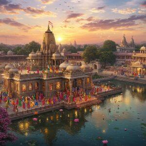 A majestic aerial view of Vrindavan temples at golden hour, featuring the ornate Banke Bihari temple in the center with its distinctive North Indian Nagara architecture style, intricate carved spires, and gold-plated domes reflecting sunset light. The temple is surrounded by blooming Kadamba trees and peaceful Yamuna River flowing with crystal-clear waters. Devotees in colorful traditional attire performing Raas Leela in the courtyard. The scene includes detailed architectural elements like carved pillars with peacock motifs, intricate jaali work, and traditional frescos depicting Krishna's pastimes. Floating lotus flowers and diyas illuminate the water. The sky features soft pastel clouds with hints of purple and orange, while small particles of golden light scatter through the air. In the background, other historic temples create a spiritual skyline. The overall composition combines Madhubani art style with modern digital art techniques, emphasizing rich colors like deep blues, saffron, and gold. Magical evening atmosphere with soft glowing lights and ethereal ambiance. Photorealistic details with elements of Indian traditional art, cinematic lighting, volumetric god rays, and subtle mystical elements.