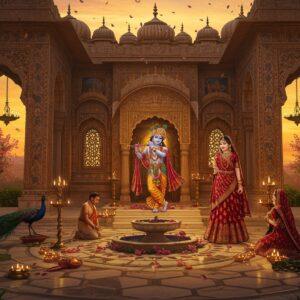 Majestic ancient stone temple architecture in Vrindavan style with intricate carved details, featuring Lord Krishna as Damodar with two arms holding a flute, standing in tribhanga pose alongside Radha who is dressed in a crimson silk saree with gold embellishments. The temple courtyard shows beautiful marble flooring with geometric patterns, surrounded by flowering Kadamba trees. Soft golden light streams through ornate arched windows, creating divine atmosphere. Multiple oil lamps cast warm glow on the walls decorated with traditional Rajasthani miniature style paintings depicting Krishna leelas. In foreground, peacocks dance near a decorative fountain while devotees in traditional Indian attire offer prayers. Background shows sunset sky in shades of saffron and rose pink. The scene combines Mughal architectural elements with Hindu temple aesthetics in hyperrealistic digital art style with atmospheric lighting. Mandala patterns and lotus motifs adorn the temple spires. The overall mood is serene and spiritually uplifting with ethereal quality enhanced by subtle floating flower petals and light incense smoke.