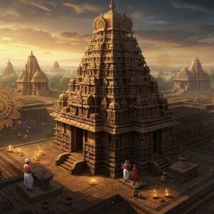 A majestic aerial view of the Mahadeva Temple at Itagi, rendered in stunning detail with ornate Chalukyan architecture, featuring its distinctive stepped diamond-shaped tower illuminated by golden morning light. The temple's intricate stone carvings and sculptures come alive with precise details of celestial beings, mythological scenes, and geometric patterns. In the foreground, two traditionally dressed Indian artisans (male and female) in period-accurate 11th-century clothing work on stone sculptures. The scene is enhanced with floating mandalas in deep saffron and peacock blue, incorporating Chalukyan motifs and patterns. The background showcases a stylized landscape with multiple temples in diminishing perspective, their shadows creating intricate patterns on the ground. Soft, glowing orbs of light illuminate the architectural details, while delicate lotus flowers frame the corners. The art style combines hyperrealistic architectural details with ethereal lighting and mystical elements, creating a seamless blend of historical accuracy and modern digital aesthetics. Rich, warm colors dominate - deep maroons, burnt orange, and gold, with accents of turquoise and royal blue.