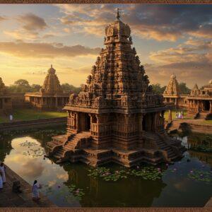 A majestic aerial view of a Western Chalukya temple complex at golden hour, featuring the iconic Mahadeva Temple of Itagi in the foreground with its ornate stepped pyramid structure and intricate stone carvings. The temple's distinctive stellate plan and sophisticated articulation are highlighted by dramatic lighting. Multiple shikaras rise against a dreamy sky filled with soft, ethereal clouds in shades of orange and purple. The scene includes detailed Chalukyan architectural elements - ornate pillars, elaborate doorways, and signature decorative motifs carved in warm sandstone. In the mid-ground, there's a serene water tank with lotus flowers, reflecting the temple's grandeur. The landscape extends to show other temples and structures amid lush greenery. Indian travelers in traditional attire explore the complex, providing scale. The art style combines hyperrealistic architectural details with mystical lighting and atmosphere, rendered in a deep color palette of gold, terracotta, and deep blues. Intricate Madhubani-style patterns and motifs are subtly incorporated into the borders of the scene, while maintaining photographic realism in the architecture.