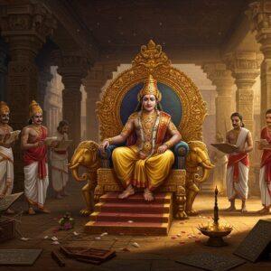 A majestic scene depicting a Western Ganga royal court in intricate detail, featuring a regal Indian king seated on an ornate golden throne adorned with elephant motifs and precious gems. He wears traditional 6th-century royal attire with gold embellishments and a distinctive crown featuring the dynasty's bull emblem. Around him are royal ministers in period-accurate clothing, some holding palm leaf manuscripts written in ancient Kannada. The architectural setting shows grand pillars with detailed Ganga-style carvings, featuring their signature motifs of bulls and elephants. The scene is illuminated by warm golden light filtering through ornate windows. In the foreground, artisans are crafting copper plate inscriptions, while court scholars discuss administrative matters near intricately carved stone tablets. The background reveals glimpses of temples with characteristic Western Ganga architecture. The art style combines traditional Hoysala-influenced patterns with modern digital aesthetics, using a rich color palette of deep gold, royal purple, and earthen browns. The scene has a ethereal quality with subtle glowing highlights on the metalwork and jewelry, while maintaining historical accuracy in depicting the 6th-century Western Ganga period.