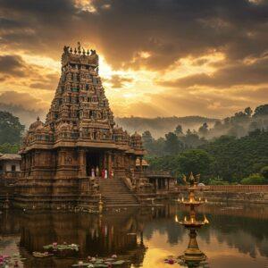 A majestic South Indian temple complex nestled in the misty Yercaud hills, with the main gopuram rising against a dramatic sunset sky filled with swirling golden clouds. The temple architecture features intricate Dravidian stone carvings in warm sandstone colors, with traditional Tamil Nadu architectural elements. In the foreground, a serene reflective pool mirrors the temple structure, surrounded by blooming lotus flowers in pink and white. Stone steps leading to the temple are illuminated by traditional brass oil lamps, creating a warm golden glow. Devotees in traditional Tamil attire are seen climbing the steps. The surrounding landscape shows lush green coffee plantations and silver oak trees typical of Yercaud, with morning mist rolling through. The scene is rendered in a style blending hyperrealistic digital art with traditional Tanjore painting elements, featuring rich jewel tones of deep maroon, forest green, and gold. Ethereal rays of light pierce through the clouds, creating a divine atmosphere. The overall composition emphasizes the spiritual significance while capturing the natural beauty of the hill station setting.