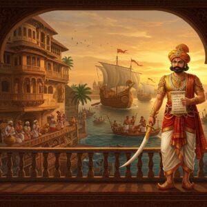 A majestic Indian ruler in ornate gold-threaded royal attire and distinctive Kerala-style headgear (resembling the traditional turban worn by Zamorins) stands atop an intricately carved wooden balcony of a traditional Kerala palace. He holds a golden sword in one hand and a scroll with Malayalam script in the other. Behind him, the port of Calicut comes alive with detailed Madhubani-style artwork showing ancient spice trade ships with carved wooden hulls, exotic spices in golden vessels, and Indian and Arab merchants in period-accurate clothing. The scene is illuminated by warm golden light, creating a ethereal glow around the palace architecture. The foreground features delicate Kerala mural art patterns in deep maroon and peacock blue. Spiral patterns and traditional Kerala architectural elements frame the composition. The artwork style combines hyperrealistic digital rendering with traditional Indian art motifs, emphasizing rich textures and historical accuracy. The lighting creates a dramatic sunset atmosphere with hints of saffron and deep blue in the sky.