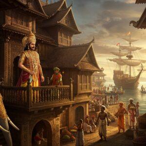A majestic Indian ruler in ornate golden Kerala-style royal attire, adorned with traditional temple jewelry and a distinctive tall crown (Kireedam), stands on the balcony of an intricately carved wooden palace in Calicut. The architecture features traditional Kerala-style sloping roofs and detailed wooden craftsmanship. In the background, a bustling medieval port scene with ancient Arab trading ships with distinctive curved sails, spice markets with heaps of black pepper and cardamom, and Indian merchants in period-accurate clothing. The foreground shows royal elephants decorated with golden accessories, Portuguese traders offering gifts, and Chinese envoys with silk. The scene is rendered in rich, deep colors of gold, deep red, and forest green, combining Madhubani-style decorative patterns with realistic medieval details. Soft golden light bathes the scene, creating a mystical atmosphere with subtle lens flares. The composition includes traditional Kerala motifs like lotus flowers and peacocks integrated into the architectural details. The overall style should be photorealistic with a touch of Indian miniature painting influence, emphasizing the grandeur and prosperity of medieval Calicut.