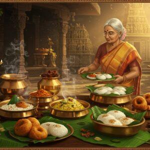 A bustling traditional South Indian marketplace scene with golden morning sunlight streaming through, featuring an ornate brass vessel filled with steaming Kanchipuram idli in the foreground, wrapped in fresh banana leaves. Around it, arranged in traditional bronze and copper vessels, are local delicacies like Kanchipuram puliyodarai, pongal, and vazhaipoo vadai. An elderly Tamil grandmother in a traditional silk saree with temple border, grey hair in a neat bun adorned with jasmine flowers, is serving food on a banana leaf. The background shows intricate Kanjeevaram silk patterns and temple architecture elements in soft focus. The scene is decorated with fresh curry leaves, whole spices like cardamom and cinnamon, and banana leaves creating layers. The lighting is warm and inviting, with steam rising artistically from the dishes. Art style combines traditional Tanjore painting elements with modern digital art techniques, using rich colors like deep maroon, mustard yellow, and forest green, with gold accents throughout the scene. The atmosphere carries the authentic aroma of fresh spices and ghee through visual elements like rising steam and scattered spices.