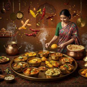 A grand Indian kitchen scene in rich warm colors, featuring an ornate brass thali in the center with nine different regional dishes arranged like a mandala. The thali sits on an intricately carved wooden table with Madhubani-style patterns. Floating above are ethereal, glowing spices - whole red chillies, turmeric roots, cardamom pods, and cinnamon sticks creating a mystical aura. A modern Indian woman in a contemporary fusion saree gracefully adds finishing touches to the dishes. The background shows stylized regional motifs - Kerala boat houses, Rajasthani haveli windows, and Bengali terracotta temples merged into a dreamlike collage. Steam rises from the dishes in decorative, Paisley patterns. The lighting is warm and golden, casting a divine glow on the fresh ingredients. Various copper and brass utensils hang in the background, catching light dramatically. The scene combines hyperrealistic food photography with magical surrealism, showing both traditional elements and modern plating techniques. The color palette features deep maroons, burnished golds, forest greens, and warm earthy spice tones.