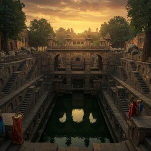 A majestic aerial view of an intricately designed stepwell in Hyderabad, featuring geometric Islamic patterns and Hindu architectural elements merged seamlessly. The stepwell descends in symmetric layers with ornate arches and columns carved from granite, showcasing detailed Qutub Shahi architecture. Traditional Indian women in colorful sarees (deep blue, maroon, and gold) gracefully descend the steps carrying brass water vessels. The scene is illuminated by golden evening sunlight casting dramatic shadows across the ancient stone steps. The water at the bottom reflects like a mirror, creating a mystical atmosphere. Surrounding the stepwell are characteristic Deccan landscape elements - ancient banyan trees with flowing roots and scattered granite boulders. In the background, the silhouette of Golconda Fort is visible against a warm sunset sky with dramatic clouds. The art style combines traditional Mughal miniature painting techniques with modern digital art aesthetics, emphasizing the rich textures of stone, the play of light on water, and the architectural grandeur. Rendered in a cinematic composition with rich, deep colors - weathered greys of granite, deep blues of water, and warm golds of sunset.