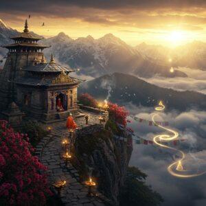 A mystical aerial view of snow-capped Himalayan peaks at sunrise, with golden rays piercing through misty clouds. In the foreground, an ancient stone temple with intricate Nagara architecture style sits majestically on a cliff edge, its shikhara adorned with detailed carvings and brass bells. The temple is surrounded by blooming rhododendrons in deep crimson. Prayer flags in traditional colors (blue, white, red, green, yellow) flutter in the wind, creating ethereal streams of color. A winding stone pathway lined with traditional brass oil lamps leads to the temple, where a lone figure in meditation poses, wearing a saffron shawl. The scene features subtle elements of Pahadi art style with detailed patterns and motifs. Soft glowing orbs of divine light float around the temple, while wisps of sacred incense create spiraling patterns in the air. The lighting is dramatic with warm golden hues contrasting with cool mountain shadows, creating a surreal, spiritual atmosphere. The color palette includes deep maroons, mountain blues, sacred saffron, and golden highlights. Hyperrealistic digital art style with magical elements.