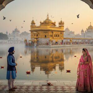A majestic aerial view of the Golden Temple at dawn, reflecting perfectly in the sacred pool, with warm golden sunlight illuminating its intricate architectural details and pure gold domes. In the foreground, a young Sikh couple in contemporary traditional attire - the man wearing a well-tied royal blue turban and modern kurta, the woman in a flowing designer punjabi suit in soft pastel pink with phulkari embroidery. They're standing near the causeway, their silhouettes creating a romantic composition. The scene is enhanced with floating diyas on the water, their flames creating magical reflections. Ornate marble patterns and traditional Punjabi motifs frame the composition. The atmosphere includes subtle morning mist with rays of sunlight breaking through, creating a ethereal ambiance. The color palette focuses on royal blues, warm golds, crisp whites, and soft pastels. The art style combines photorealistic architecture with stylized Indian miniature painting elements, featuring intricate details in the marble work and clothing embroidery. Small groups of devotees in traditional attire are seen performing seva in the background, adding depth and authenticity to the scene. Flying doves and floating marigold petals add movement and spiritual symbolism to the composition.