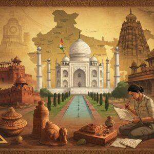 A majestic panoramic view of India's archaeological wonders seamlessly blended together, featuring the iconic Taj Mahal in pristine white marble at the center, Red Fort's imposing red sandstone walls to the left, and Konark Sun Temple's intricate carvings to the right. In the foreground, a modern Indian female archaeologist in professional attire (khaki shirt and pants) examining ancient artifacts with modern tools. She's surrounded by detailed archaeological maps and traditional Madhubani-style decorative borders. The background showcases a stylized map of India rendered in gold filigree work, with major archaeological sites marked by glowing mandala patterns. The scene is illuminated by warm, golden sunlight casting long shadows, creating depth and mystery. Traditional archaeological tools like brushes and measuring instruments are arranged in a decorative pattern along the border. The color palette combines deep terracotta reds, sandy browns, and ancient stone grays with touches of gold and turquoise. The art style merges hyperrealistic architectural details with ethereal, spiritual elements like soft glowing halos around the monuments and floating lotus motifs.