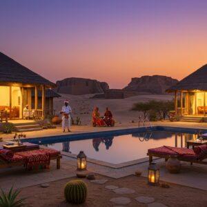 A serene twilight scene of a luxurious desert resort near ancient Harappan ruins, featuring modern glass-and-stone cottages designed with traditional Kutchi architecture, complete with thatched roofs and intricate wooden carvings. The foreground shows a crystal-clear infinity pool reflecting the orange-purple sky, with comfortable loungers draped in colorful Gujarati textile. Traditional clay water pots and brass vessels line the poolside. In the background, silhouettes of the archaeological site's stepped reservoir and ancient city walls are visible against the setting sun. Desert flora like cacti and local succulents dot the landscape. A few guests in modern resort wear are enjoying the amenities while local staff in traditional Kutchi attire serve refreshments. The scene is illuminated by warm lantern light and modern pathway lights. The art style combines photorealistic architectural details with ethereal lighting and soft, dreamy color palette of deep oranges, terracottas, and midnight blues, creating a perfect blend of luxury and heritage.