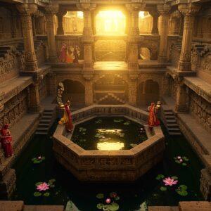 A majestic aerial view of the five-story Adalaj stepwell captured during golden hour, with intricate Indo-Islamic geometric patterns and carvings visible throughout its sandstone structure. The octagonal well at the center reflects golden sunlight, creating mesmerizing water reflections. Detailed stone carvings of Hindu deities, mythological scenes, and Islamic arabesque patterns adorn the walls. Several Indian women in traditional Gujarati attire (chaniya choli in deep maroon and gold) gracefully descend the steps, carrying brass water vessels. Delicate lotus flowers float in the water below. The surrounding architecture features ornate pillars, with light filtering through the jali work creating intricate shadow patterns. The scene combines Madhubani-style decorative elements with photorealistic architectural details. Rich, warm colors dominate - sandstone browns, deep golds, and peaceful blues of the water. The lighting is dramatic with sun rays penetrating through the different levels, creating an ethereal atmosphere. Soft glowing mandalas hover in the background, adding a mystical element. The composition should be cinematic and awe-inspiring, emphasizing the stepwell's grandeur and geometric symmetry.