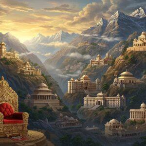 A majestic panoramic view of ancient Himachal hill fortresses nestled among snow-capped mountains, rendered in rich traditional Indian Pahadi miniature painting style merged with modern digital art. The scene shows multiple architectural layers representing different eras - from ornate Raja period architecture to modern government buildings. In the foreground, a detailed carved stone throne with the Himachal state emblem transitions into a modern Chief Minister's chair, symbolizing political evolution. The scene is illuminated by warm golden sunlight breaking through clouds, casting dramatic shadows on the mountainside. Traditional Himachali architectural elements like temples with peaked roofs and intricate wooden carvings are visible. The color palette features deep mountain blues, earthy browns, and regal golden accents. Stylized clouds in Pahari art style swirl around the peaks. The scene includes small details like traditional Himachali flags transitioning to modern state flags, ancient royal seals, and administrative buildings with distinctive Indo-British architecture. The overall composition follows a flowing, circular pattern similar to a mandala, with each ring representing different historical periods. The art style combines hyperrealistic architectural details with ethereal, spiritual elements of traditional Indian art.