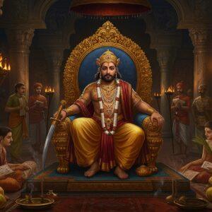 A majestic Indian ruler Agnimitra Shunga seated on an ornate golden throne in a grand Mauryan-style durbar hall, wearing rich silk dhoti and royal regalia with distinctive Shunga period jewelry. He holds a ceremonial sword in one hand and a royal seal in another. The backdrop features intricate Madhubani-style architectural details of pillars with Buddhist and Hindu motifs. The scene is illuminated by ceremonial torches casting warm golden light, creating dramatic shadows. In the foreground, scholars with palm leaf manuscripts, suggesting his patronage of Sanskrit literature. The color palette focuses on royal maroons, deep blues, and burnished gold. The art style merges traditional Indian miniature painting techniques with modern digital aesthetics, incorporating detailed patterns of peacocks, lotuses, and geometric designs typical of the Shunga period. The atmosphere suggests power, cultural refinement, and scholarly pursuits, with subtle elements like incense smoke adding mystical depth. The scene includes period-accurate military commanders in armor, suggesting his military prowess.