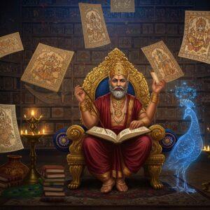 A regal ancient Indian scholar-king seated on an ornate golden throne, wearing a rich maroon dhoti and golden crown, holding Sanskrit manuscripts in one hand and a peacock feather pen in the other. Behind him, a massive library wall stretches upward, filled with intricately decorated palm leaf manuscripts glowing with ethereal light. The scene is illuminated by traditional brass oil lamps casting warm golden light. Floating Madhubani-style decorative elements depicting scenes from Sanskrit literature spiral around him. A ethereal translucent blue peacock, symbolizing Saraswati's blessing, perches nearby. The background features delicate mandala patterns in deep indigo and gold. The lighting is dramatic with soft highlights on the manuscripts and scholarly implements. The king's expression is contemplative and wise. Art style combines hyperrealistic digital painting with traditional Indian manuscript artwork elements, creating a surreal and mystical atmosphere. The color palette focuses on royal blues, deep maroons, burnished golds, and ivory.