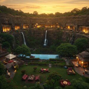 A majestic aerial view of the Ajanta Caves complex at golden hour, with the horseshoe-shaped cliff face illuminated by warm sunlight. In the foreground, a luxurious modern eco-resort seamlessly blends with the landscape, featuring traditional Indian architecture with glass and sustainable materials. The resort includes elegant cottages with private balconies overlooking the caves, surrounded by lush green Deccan terrain and flowing waterfalls. The scene is rendered in rich, deep colors of earth tones, forest greens, and golden sunset hues. Traditional Ajanta-style paintings and Buddhist motifs are subtly integrated into the architectural elements. A serene infinity pool reflects the cave facades, while comfortable seating areas with traditional Indian cushions and modern amenities are tastefully arranged in the garden. The lighting creates a dramatic interplay of light and shadow, reminiscent of the cave interiors. Art style combines hyperrealistic architectural photography with the ethereal qualities of traditional Indian miniature paintings, enhanced with modern digital techniques. Small figures of tourists in contemporary clothing provide scale and human interest.