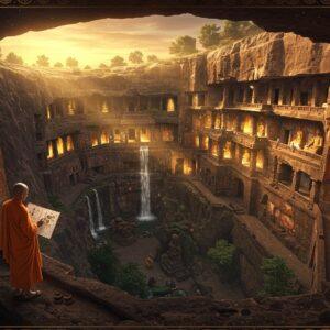A breathtaking aerial view of the horseshoe-shaped Ajanta cave complex carved into dramatic cliff faces, illuminated by golden sunset light. In the foreground, an intricately detailed Buddhist monk in saffron robes studies ancient murals, his hand gently touching the wall. The cave walls feature vibrant, masterfully preserved paintings in rich earth tones depicting scenes from Jataka tales, with detailed figures in classical Indian style. Multiple levels of caves visible, showing grand architectural details - ornate pillars, intricate doorways, and Buddha statues in meditation poses. Magical particles of light filter through natural openings, creating ethereal beams. The scene combines photorealistic textures with Madhubani-style decorative patterns in the borders. Small waterfalls cascade nearby, creating a mystical atmosphere. The color palette focuses on deep burgundy, burnt orange, earth browns, and gold accents. Hyper-detailed, cinematic lighting, volumetric fog adds depth, 8k resolution, architectural visualization quality.