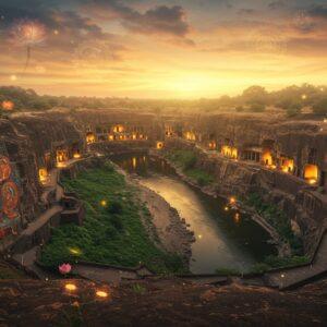 A magnificent aerial view of the horseshoe-shaped Ajanta Caves carved into rich brown cliff face, illuminated by golden sunset light. In the foreground, intricate Buddhist murals come alive with 3D effect, showing elegant Indian dancers in detailed period costumes performing graceful mudras. The murals feature rich jewel tones of lapis lazuli blue, saffron orange, and deep crimson with gold leaf highlights. Floating ethereal lotus flowers and mandalas frame the scene, while soft glowing orbs of light cast magical illumination on the cave entrances. The Waghora River flows below in gentle curves, reflecting the warm light. The scene merges photorealistic architecture with mystical Madhubani-style patterns in the sky. Multiple levels of cave entrances visible, with delicate sculptures of Buddha and Bodhisattvas carved in the rock face. The atmosphere is mysterious yet inviting, with hints of mist adding depth. The lighting emphasizes the grandeur of the UNESCO heritage site while maintaining a dreamy, spiritual quality.