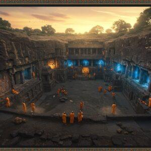 A majestic aerial view of the Ajanta Caves carved into a horseshoe-shaped cliff face, illuminated by golden sunset light. Ancient Buddhist monks in saffron robes are shown painting intricate murals using natural pigments on the cave walls. The scene combines both exterior and interior views through a creative split composition. In the foreground, detailed Madhubani-style patterns frame the scene with peacock motifs and lotus borders in deep indigo and burnt sienna. The cave interiors glow with an ethereal blue light, revealing elaborate pillars and sculptures of Buddha in various mudras. Flying celestial apsaras in flowing garments are depicted in the traditional Ajanta painting style, with mineral colors of lapis lazuli, copper green, and ochre. Multiple levels of the caves are visible, showcasing the architectural grandeur with precise rock-cut techniques. The atmosphere is mystical with soft light rays filtering through the cave openings, highlighted by floating dust particles. The overall composition merges photorealistic textures with surreal lighting and traditional Indian art elements, creating a seamless blend of historical accuracy and modern aesthetic appeal.