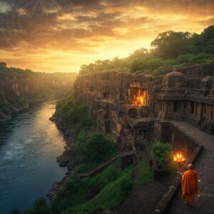 A majestic aerial view of the horseshoe-shaped Ajanta cliff face at golden sunset, with intricately carved cave entrances visible along the rock face. The Waghora River flows beneath in deep blues and silvers. In the foreground, a beautifully detailed Buddhist monk in saffron robes walks along an ancient stone pathway, holding a traditional oil lamp that emanates a soft golden glow. The scene features rich Madhubani-style decorative patterns in the sky, with celestial Buddhist motifs and lotus flowers floating ethereally. The lighting is dramatic, with rays of sunlight filtering through clouds, highlighting the caves' entrances. The famous Cave 1 facade is prominently featured with its detailed pillars and sculptures. The surrounding landscape shows lush greenery in jewel tones of emerald and jade. Mystical fog curls around the cliff base, creating a dreamlike atmosphere. The art style combines photorealistic architecture with traditional Indian artistic elements, featuring a color palette of deep oranges, golden yellows, rich browns, and peaceful blues. The scene is rendered in ultra-high detail, cinematic composition, volumetric lighting, with an atmosphere of ancient mystery and spiritual significance.