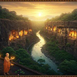 A majestic aerial view of the horseshoe-shaped Ajanta cliff face at golden sunset, with intricately carved cave entrances glowing with warm light. In the foreground, a detailed Madhubani-style illustration of ancient Buddhist monks in saffron robes carrying oil lamps, their faces serene and peaceful. The caves feature detailed murals in rich jewel tones - deep lapis lazuli, burnt sienna, and gold leaf, showcasing scenes from Jataka tales. The Waghora River flows below in a dreamy, ethereal style with lotus flowers floating on its surface. The surrounding landscape shows verdant forests in deep emeralds and teals, with distant mountains rendered in misty purple hues. Mystical light beams pierce through the cave openings, creating a divine atmosphere. The scene incorporates traditional Indian art patterns along the borders, featuring intricate Buddhist symbols and mandalas. The overall composition should be photorealistic with magical surreal elements, emphasized by soft glowing highlights and a rich color palette of earth tones and gold. Hyperdetailed digital art, cinematic lighting, volumetric fog, atmospheric perspective.