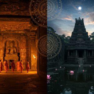 A dramatic split-screen composition showcasing two majestic cave entrances - Ajanta on the left and Ellora on the right, divided by an ornate golden mandala pattern. The Ajanta side features Buddhist monks in saffron robes illuminated by warm torch light, with vibrant ancient murals depicting Jataka tales visible inside, painted in rich indigos and vermilions. The Ellora side shows the magnificent Kailasa temple carved from black basalt rock, with intricate Hindu sculptural details and a towering shikhara, bathed in cool moonlight. Floating lotus flowers and glowing orbs bridge both scenes. The art style merges photorealistic architectural details with ethereal Pattachitra-inspired patterns in the sky. Divine light rays filter through both cave openings. The foreground features mirror-like water reflecting both structures, creating a dreamlike symmetry. Rich jewel tones of deep maroon, royal blue, and burnished gold dominate, with subtle touches of luminescent pastels in the mystical elements. Intricate mandala patterns and Sanskrit symbols float ethereally between the scenes, rendered in shimmering gold.