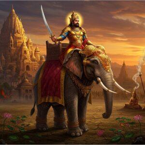 A majestic Indian warrior-king Ajatashatru in ornate golden armor and royal regalia, mounted on a powerful war elephant adorned with rich burgundy and gold decorative cloth. The king holds a gleaming sword in his right hand while his left hand grips the elephant's reins. Behind him rises the magnificent ancient city of Rajagriha with its five hills, detailed in Madhubani-style architecture with intricate patterns. The foreground shows scattered lotus motifs and Buddhist symbols, representing his connection to Buddhism. The scene is illuminated by a dramatic sunset creating deep oranges and purples in the sky, with sacred smoke spiraling upward. The king's face shows determination and wisdom, with traditional Indian features and a royal tilak on his forehead. Digital art style merging traditional Pattachitra patterns with modern fantasy art techniques, using rich jewel tones of deep maroon, royal blue, and gold. Ethereal lighting highlights the king's figure and creates a mystical atmosphere around the scene.