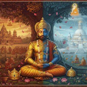 A regal Indian king Ajatashatru in ornate golden armor and royal attire, sitting in deep meditation under a sacred Bodhi tree, his crown placed beside him. Half of his face shows fierce warrior-like features while the other half reflects peaceful serenity, symbolizing his transformation. The background splits into two realms: one side shows a majestic palace with scenes of warfare and royal grandeur in deep maroons and golds, while the other side depicts serene Buddhist monasteries and stupas in soft blues and whites. Ethereal lotus flowers float around him, with their petals transforming into golden light particles. Buddha appears as a translucent, glowing figure in the sky, blessing the king. The scene incorporates traditional Pattachitra art patterns in the borders and Madhubani-style decorative elements in the trees and architecture. The lighting creates a dramatic contrast between the worldly and spiritual aspects, with warm golden light from the palace side meeting cool, misty blue light from the Buddhist realm. Small details include monks in meditation, ancient Buddhist symbols, and intricate mandalas floating in the background.