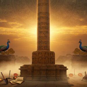 A majestic 50-foot polished sandstone pillar stands tall against a dramatic sunrise backdrop, its surface gleaming with intricate Brahmi inscriptions carved in detailed relief. The pillar's base shows detailed Gupta-era artistry with traditional Indian patterns and motifs in gold and deep maroon. A soft ethereal glow emanates from the pillar, highlighting Emperor Ashoka's edicts and Samudragupta's prashasti. In the foreground, archaeological tools and ancient manuscripts are artfully scattered. The scene is surrounded by stylized lotus flowers and peacock motifs in rich peacock blue and saffron. Mist swirls around the base, creating a mystical atmosphere. The lighting is dramatic with golden rays hitting the pillar's surface, emphasizing its grandeur. The background features a subtle mandala pattern in pale gold. Artistic style combines hyperrealistic architectural details with traditional Madhubani patterns in the decorative elements. The scene captures both historical authenticity and spiritual significance, with a modern digital art finish.