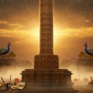 A majestic 50-foot polished sandstone pillar stands tall against a dramatic sunrise backdrop, its surface gleaming with intricate Brahmi inscriptions carved in detailed relief. The pillar's base shows detailed Gupta-era artistry with traditional Indian patterns and motifs in gold and deep maroon. A soft ethereal glow emanates from the pillar, highlighting Emperor Ashoka's edicts and Samudragupta's prashasti. In the foreground, archaeological tools and ancient manuscripts are artfully scattered. The scene is surrounded by stylized lotus flowers and peacock motifs in rich peacock blue and saffron. Mist swirls around the base, creating a mystical atmosphere. The lighting is dramatic with golden rays hitting the pillar's surface, emphasizing its grandeur. The background features a subtle mandala pattern in pale gold. Artistic style combines hyperrealistic architectural details with traditional Madhubani patterns in the decorative elements. The scene captures both historical authenticity and spiritual significance, with a modern digital art finish.
