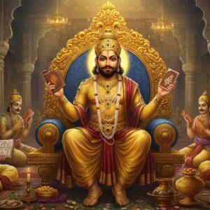 A majestic Indian king Amoghavarsha in ornate gold-detailed royal attire and jewels, seated on an intricately carved throne with peacock motifs, holding ancient Sanskrit manuscripts in one hand and a golden scepter in another. His crown features the distinct Rashtrakuta dynasty symbols. The backdrop shows a grand darbar hall with towering pillars inspired by Ellora architecture, adorned with detailed Madhubani-style patterns. Soft ethereal light streams through ornate windows, illuminating scholars and artists gathered around him. The scene includes glimpses of the Kailash Temple at Ellora, artistic manuscripts, and prosperity symbols like overflowing golden vessels. The color palette features rich royal blues, deep maroons, and lustrous golds. The art style merges traditional Indian miniature painting techniques with modern digital art aesthetics, creating a surreal, dreamlike quality. Floating mandalas and subtle sacred geometry patterns add a spiritual dimension. The lighting is warm and dramatic, emphasizing the golden elements and creating an atmosphere of wisdom and cultural richness.
