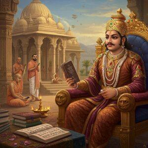 A majestic scene depicting Emperor Amoghavarsha in an ornate golden throne, wearing a grand Rashtrakuta crown adorned with precious gems and pearls, dressed in rich silk robes with intricate patterns in deep maroon and royal blue. He holds ancient Sanskrit manuscripts in one hand and a royal scepter in the other. Behind him stands a magnificent palace architecture featuring characteristic Rashtrakuta temple spires and carved pillars. The environment shows scholars and artists gathered around, symbolizing his patronage of arts. Jain monks in white robes can be seen in one corner, representing his religious tolerance. The scene is illuminated by warm golden light streaming through ornate windows. In the foreground, detailed Kannada scriptures and literary works are scattered on a decorated table. The art style combines traditional Indian Miniature painting techniques with modern digital art, featuring rich jewel tones, intricate patterns, and a ethereal glow. The composition should include symbolic elements like peacocks, lotus flowers, and traditional Rashtrakuta emblems in the background. The overall mood is regal, scholarly, and culturally rich with a dreamlike quality.
