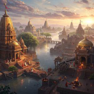 A majestic aerial view of an ancient Indian city at dawn, featuring intricate Madhubani-style architecture with golden domes and spires reaching toward a mystical sky filled with soft pink and orange clouds. In the foreground, a massive stone temple complex with detailed mandala patterns etched in gold. Multiple levels of the city connected by ornate staircases adorned with lotus motifs. Flowing rivers with ghats lined with lit diyas creating reflective patterns on the water. Ancient banyan trees with glowing roots intertwining through the architecture. The scene illuminated by ethereal light streams breaking through clouds, casting divine rays on the sacred structures. Floating spiritual symbols and yantra patterns subtly visible in the atmosphere. Small groups of devotees in traditional attire performing rituals near temple entrances. The color palette combines deep maroons, peacock blues, and saffron with soft pastels. Architectural details show influence of Dravidian, Nagara, and Indo-Islamic styles. The overall composition creates a seamless blend of historical accuracy and surreal spirituality, with hyperrealistic textures enhanced by digital art techniques. The scene captured in high-definition digital art style with atmospheric depth and dramatic lighting.