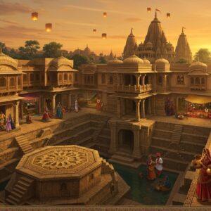 A majestic aerial view of an ancient Gujarati city at golden hour, featuring intricate Madhubani-style architectural details of stepwells, temples, and havelis. The foreground shows a grand stone stepwell with geometric patterns and intricate carvings, water reflecting golden light. Middle ground displays traditional Gujarati architecture with ornate wooden facades, carved balconies, and distinctive pols (traditional housing clusters). The background reveals the silhouette of a massive temple with multiple shikhara towers against a warm sunset sky. Scattered throughout are elements of daily life: women in colorful Gujarati chaniya cholis carrying brass water pots, merchants with traditional turbans near market stalls with hanging textiles. The scene incorporates delicate Pattachitra-style border patterns with peacock motifs and lotus designs. Soft glowing lanterns float in the evening sky, casting a mystical ambiance. The color palette features rich terracotta, deep indigo, burnished gold, and warm sandstone hues. The composition should have a dreamy, ethereal quality while maintaining architectural accuracy, rendered in a style blending traditional Indian art with modern digital aesthetics.