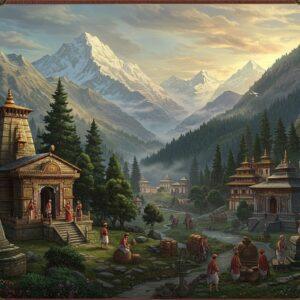 A majestic panoramic view of ancient Himachal Pradesh with snow-capped Himalayan peaks in the background, rendered in rich traditional Indian Pahadi miniature art style with modern digital enhancement. In the foreground, detailed ancient stone temples with intricate wood carvings typical of Himachali architecture, surrounded by towering cedar and pine trees. The scene features local people in traditional Kullu shawls and Kinnauri caps engaged in traditional activities. The middle ground shows medieval trade routes with merchant caravans carrying silk and spices. Ancient copper and bronze artifacts scattered throughout. The lighting creates a mystical atmosphere with golden sunrays filtering through mountain mist, illuminating the valley. Detailed mandala patterns frame the corners, incorporating local tribal motifs and Buddhist symbols. The color palette includes deep maroons, royal blues, forest greens, and rich earth tones, with highlights of gold and copper. The composition maintains a dreamy, ethereal quality while showcasing architectural accuracy of historical structures like the Hidimba Devi Temple and Tabo Monastery. Hyperrealistic textures blend seamlessly with stylized artistic elements.