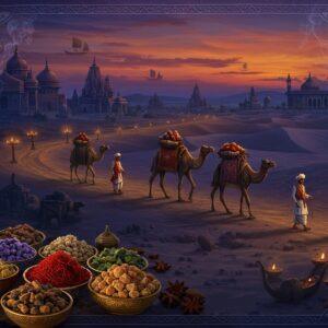 A mystical caravan scene at dusk, featuring Indian merchants in ornate traditional clothing leading decorated camels along a winding desert trade route. The camels carry brass containers filled with frankincense and myrrh, wisps of fragrant smoke trailing behind them. The foreground shows intricately detailed spice bowls filled with saffron, cardamom, and crystallized frankincense resin in rich golden hues. The background features ancient stone temples and trading posts with Madhubani-style patterns carved into their walls. The sky is painted in deep purples and oranges, with delicate smoke patterns forming mandala designs. Glowing oil lamps line the route, casting warm light on the scene. The merchants' clothing features detailed Pattachitra-style embroidery patterns. The scene is framed by stylized incense burners releasing ethereal smoke that transforms into sailing ships and trading scenes in the corners. The art style combines photorealistic textures with surreal lighting and traditional Indian artistic elements, all rendered in rich jewel tones of deep blue, gold, and burgundy.