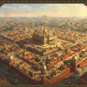 A grand aerial perspective of an intricately planned ancient Indian city, with concentric circular streets radiating from a central golden temple complex. The architecture features ornate limestone and red sandstone buildings with detailed carved facades. The city layout follows Vastu principles with perfectly symmetrical quadrants. In the foreground, detailed Madhubani-style geometric patterns merge with the city streets. The scene includes elaborate water channels, stepwells, and advanced drainage systems rendered in deep lapis lazuli blue. Markets and residential areas are depicted in warm terracotta and saffron hues. Floating above the city are ethereal, translucent mandalas in peacock blue and gold, symbolizing divine planning. The lighting suggests dawn with soft golden rays illuminating the city's spires and domes. Small details show busy street life with traders, artisans, and citizens in period-accurate clothing. The art style combines photorealistic architectural details with stylized Indian miniature painting elements, enhanced by digital art techniques. Intricate lotus motifs frame the corners of the scene.