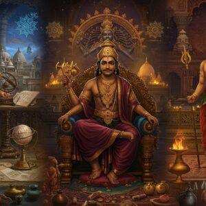 A majestic panoramic scene depicting three distinct ancient Indian royal courts merged seamlessly. In the center, a Chola emperor sits on an ornate bronze throne wearing deep maroon silk robes and gold jewelry, with the famous Nataraja statue visible behind him. To the left, a Gupta period ruler stands in a white and gold dhoti, examining a detailed astronomical instrument, surrounded by Sanskrit manuscripts and mathematical calculations on palm leaves. To the right, a Mauryan court shows Ashoka in his characteristic royal attire with the lion capital symbol prominent. The scene is rendered in rich, deep colors - royal blues, burnished golds, and deep crimsons. Intricate Madhubani-style patterns form the borders and background. Multiple architectural styles blend - the curved Buddhist stupas, intricate Hindu temple spires, and geometric palace structures. Golden light streams through ornate palace windows. The foreground features ancient coins, pottery, and weapons arranged in a museum-like display. The artwork style combines hyperrealistic details with traditional Indian art motifs, creating a modern digital aesthetic while maintaining historical accuracy. Ethereal glowing mandalas float in the background, connecting the three courts symbolically.