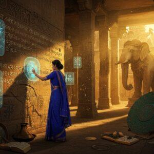A mystical scene in an ancient Indian temple corridor, illuminated by golden sunlight streaming through ornate pillars. A young Indian female scholar in a contemporary royal blue saree gently traces her fingers over weathered stone walls adorned with intricately carved Brahmi and Devanagari inscriptions. The inscriptions emit a subtle, ethereal blue glow where her fingers touch. Around her float translucent, three-dimensional holographic projections of ancient symbols transforming into modern text. The temple walls feature detailed Madhubani-style borders with peacocks and lotus motifs. Scattered ancient copper plates and palm leaves with inscriptions lie nearby. The scene is bathed in warm ochre and deep blue tones, with rays of light creating dramatic shadows. In the background, a massive stone elephant sculpture stands guard, partially covered in moss and ancient scripts. The atmosphere is magical yet scholarly, with swirling particles of light creating a bridge between past and present. Hyperrealistic digital art style with elements of traditional Indian art, maintaining photographic details while incorporating ethereal lighting and magical elements.