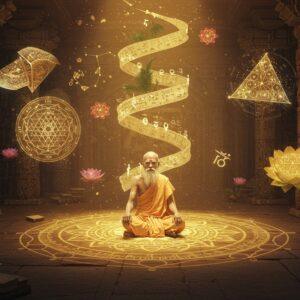 A mystical Indian library scene with ancient mathematical manuscripts floating in golden light, featuring an elderly Indian sage in traditional white dhoti seated cross-legged on an ornate geometric mandala pattern. The mandala incorporates the Fibonacci sequence and intricate mathematical symbols from ancient India. Around him, 3D holographic projections show the mathematical concepts: a rotating Sri Yantra, Pascal's triangle in Sanskrit numerals, and the zero symbol emanating sacred geometry. Ancient palm leaves with mathematical formulas spiral upward, transforming into constellations. The background features carved stone pillars with Madhubani-style mathematical motifs in deep peacock blue and maroon. Floating lotus flowers contain geometric patterns demonstrating the golden ratio. The scene is illuminated by ethereal light in soft saffron and gold hues, creating a surreal atmosphere. Multiple translucent layers show the evolution of Indian numerals. Photorealistic rendering with a touch of digital art, cinematic lighting, high detail, ambient occlusion, volumetric lighting, ray tracing, 8k quality.
